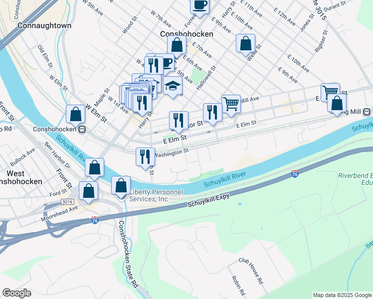 map of restaurants, bars, coffee shops, grocery stores, and more near 309 Washington Street in Conshohocken