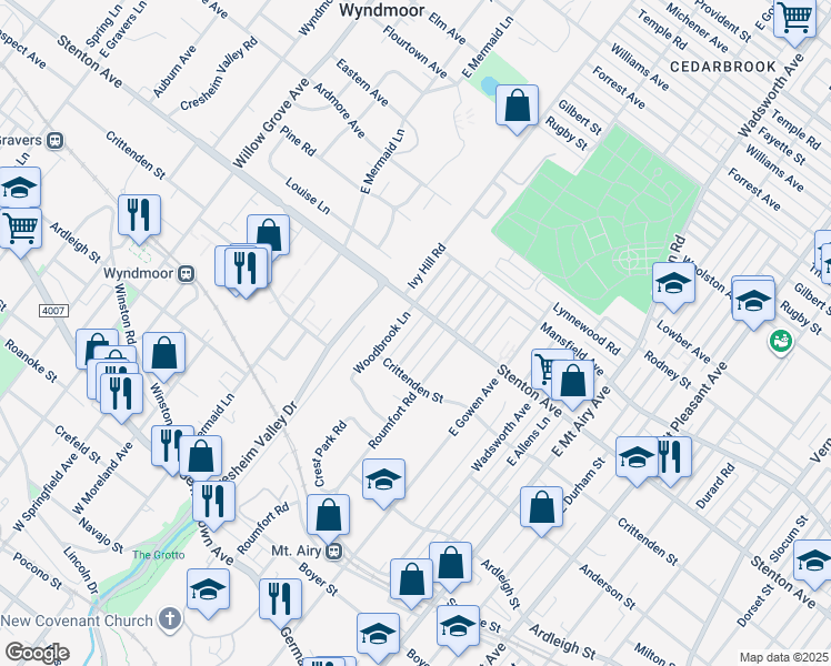map of restaurants, bars, coffee shops, grocery stores, and more near 515 Murdoch Road in Philadelphia