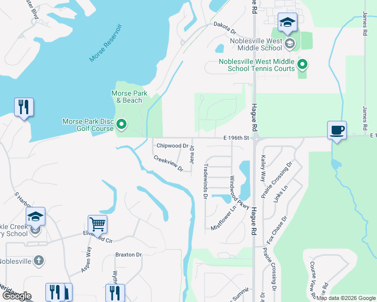 map of restaurants, bars, coffee shops, grocery stores, and more near 19496 Jena Drive in Noblesville