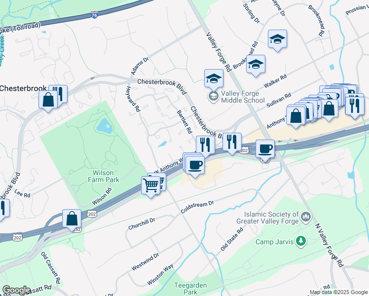 map of restaurants, bars, coffee shops, grocery stores, and more near 15 Le Forge Court in Chesterbrook