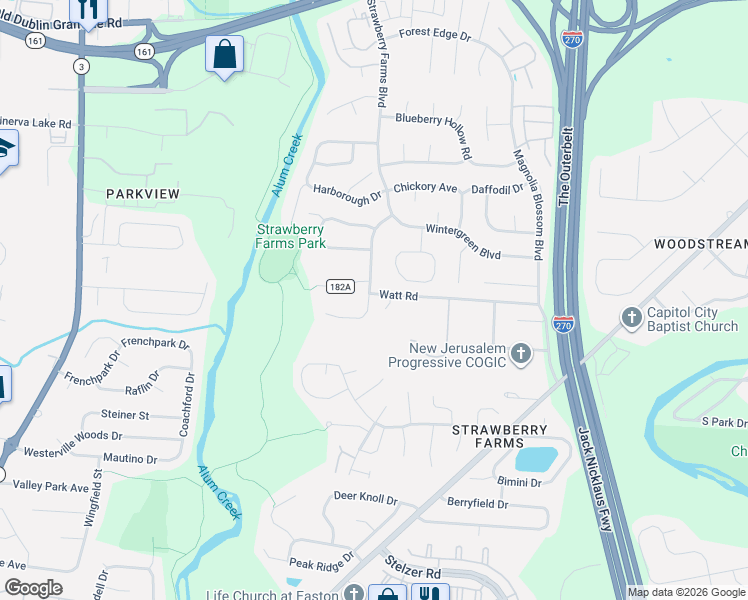 map of restaurants, bars, coffee shops, grocery stores, and more near 3665 Watt Road in Gahanna