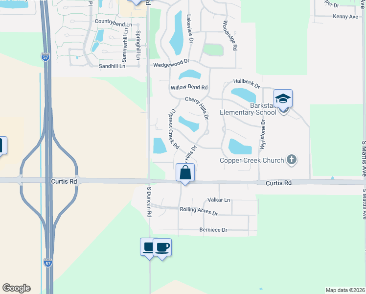 map of restaurants, bars, coffee shops, grocery stores, and more near 3402 Cherry Hills Drive in Champaign