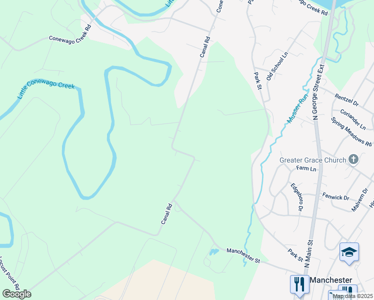 map of restaurants, bars, coffee shops, grocery stores, and more near 1545 Canal Road in Manchester