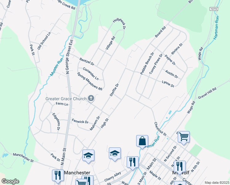 map of restaurants, bars, coffee shops, grocery stores, and more near 85 Steffie Drive in Mount Wolf