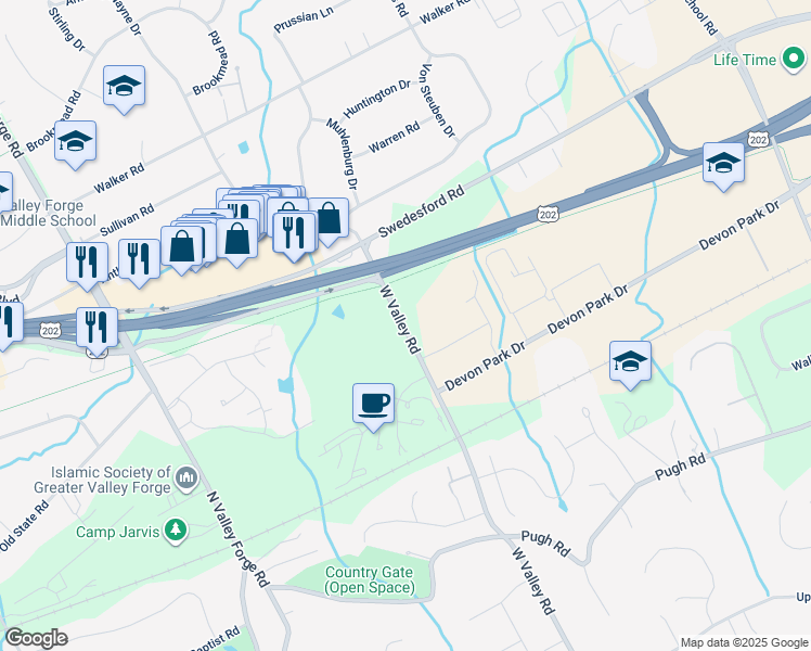 map of restaurants, bars, coffee shops, grocery stores, and more near in Chester County