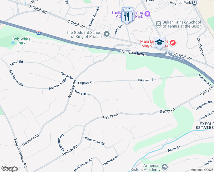 map of restaurants, bars, coffee shops, grocery stores, and more near 485 Hughes Road in King of Prussia