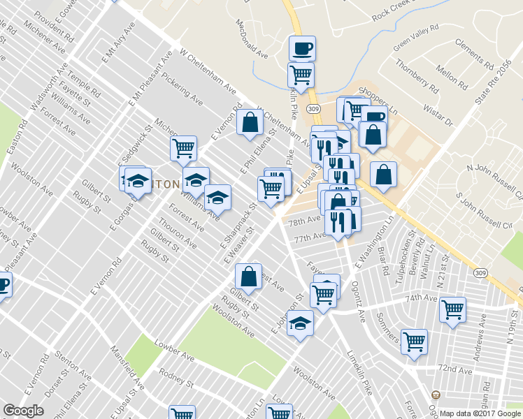 map of restaurants, bars, coffee shops, grocery stores, and more near 7735 Temple Road in Philadelphia
