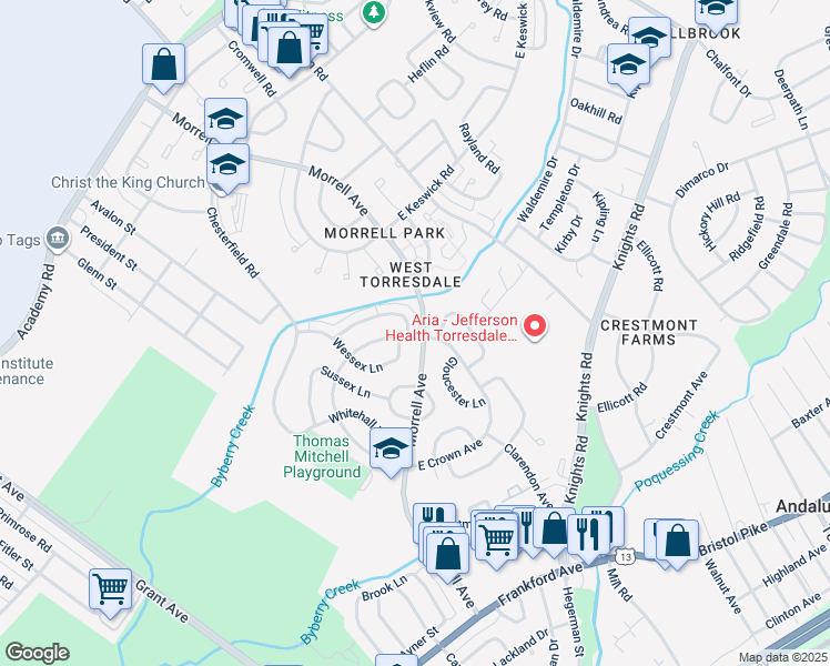 map of restaurants, bars, coffee shops, grocery stores, and more near 3500 Churchill Lane in Philadelphia
