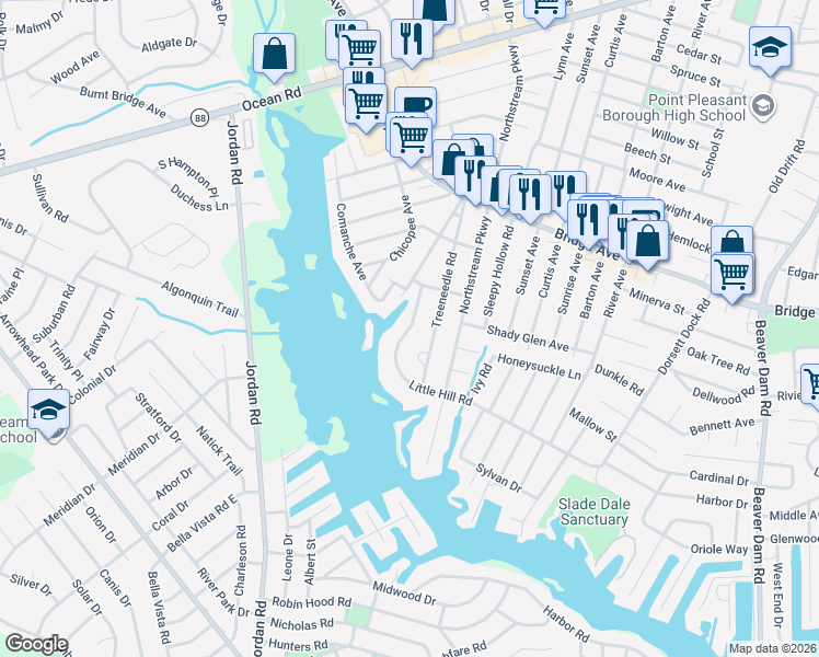 map of restaurants, bars, coffee shops, grocery stores, and more near 1500 Little Hill Road in Point Pleasant