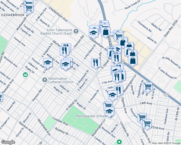map of restaurants, bars, coffee shops, grocery stores, and more near 7735 Temple Road in Philadelphia