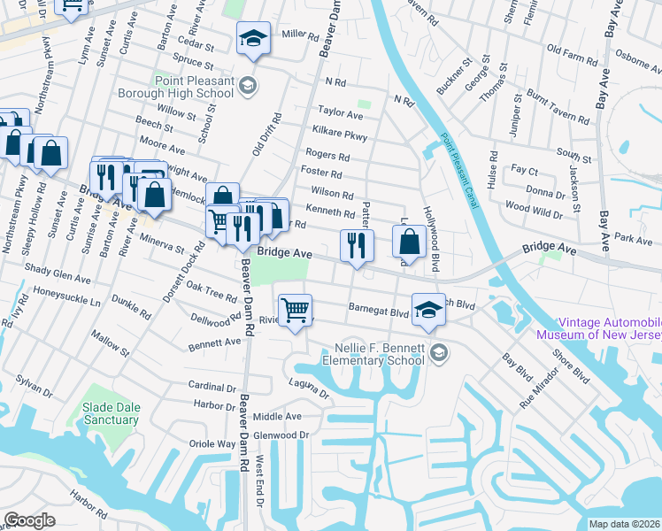 map of restaurants, bars, coffee shops, grocery stores, and more near 2206 Beach Boulevard in Point Pleasant