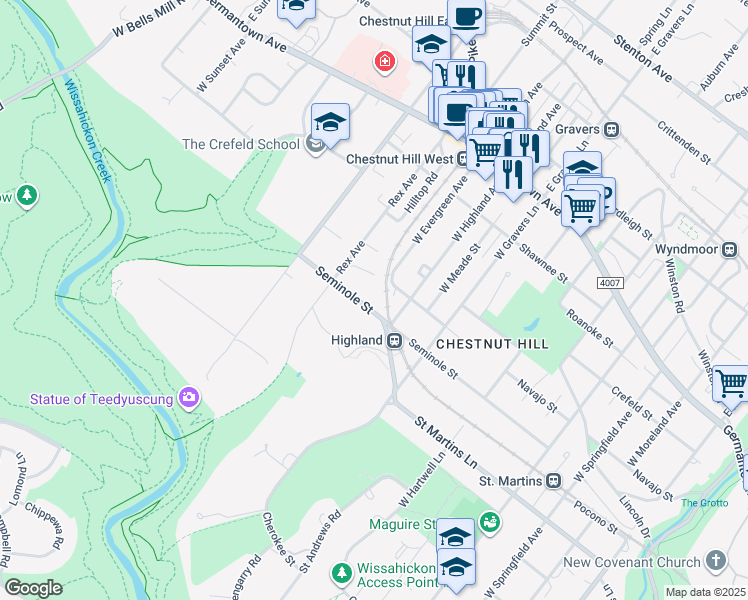 map of restaurants, bars, coffee shops, grocery stores, and more near 246 West Evergreen Avenue in Philadelphia