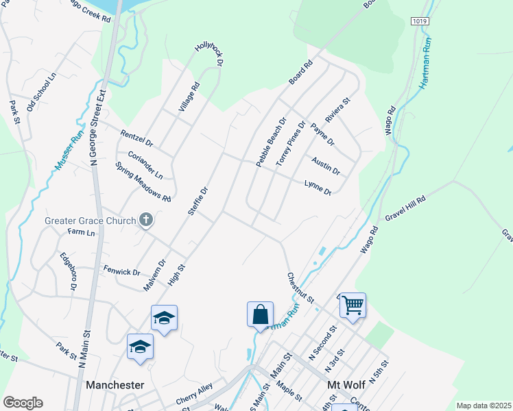 map of restaurants, bars, coffee shops, grocery stores, and more near 100 Torrey Pines Drive in Mount Wolf