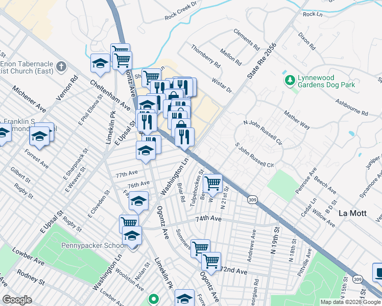 map of restaurants, bars, coffee shops, grocery stores, and more near West Cheltenham Avenue & Washington Lane in Montgomery
