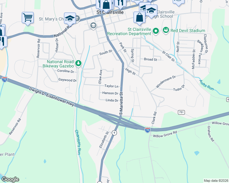 map of restaurants, bars, coffee shops, grocery stores, and more near 103 Taylor Lane in Saint Clairsville