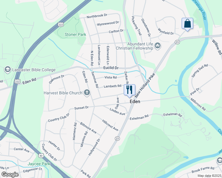 map of restaurants, bars, coffee shops, grocery stores, and more near 1541 Lambeth Road in Lancaster