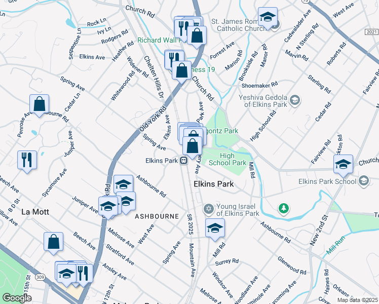 map of restaurants, bars, coffee shops, grocery stores, and more near 7901 High School Road in Montgomery County