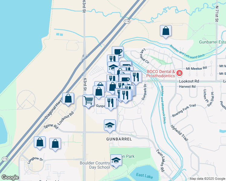 map of restaurants, bars, coffee shops, grocery stores, and more near 6464 Lookout Road in Boulder