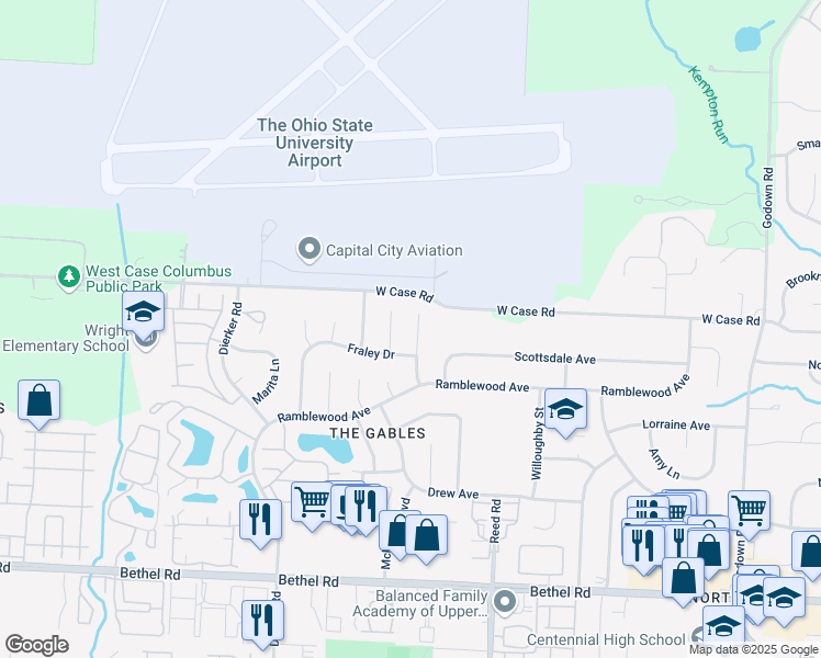 map of restaurants, bars, coffee shops, grocery stores, and more near 5680 Fraley Court in Columbus