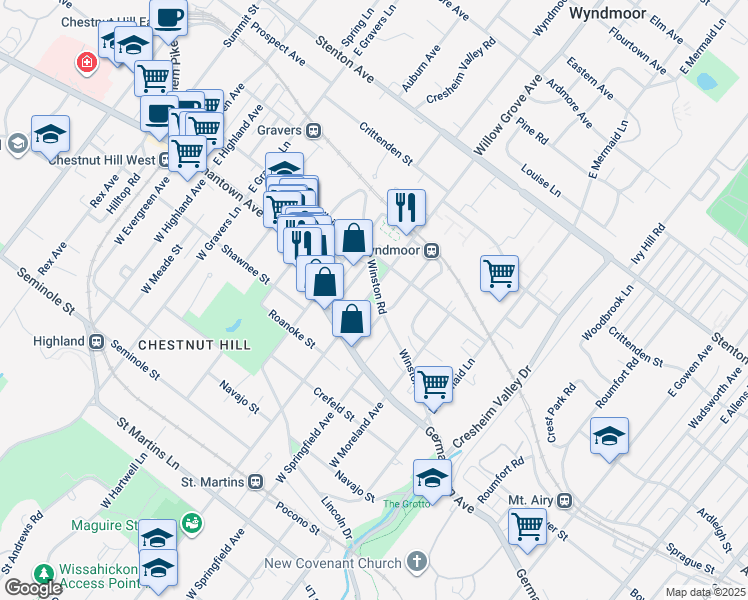 map of restaurants, bars, coffee shops, grocery stores, and more near 60 East Willow Grove Avenue in Philadelphia