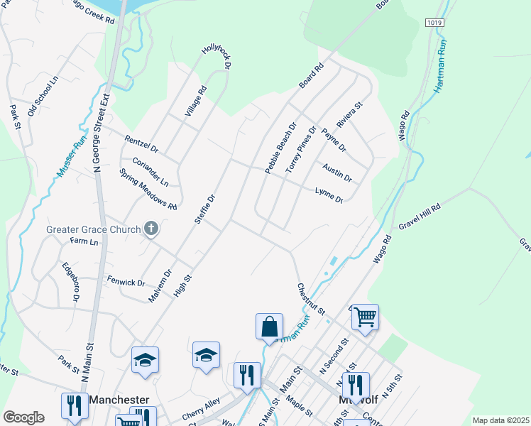 map of restaurants, bars, coffee shops, grocery stores, and more near 100 Torrey Pines Drive in Mount Wolf