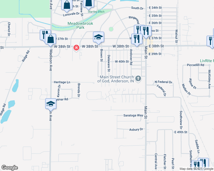 map of restaurants, bars, coffee shops, grocery stores, and more near 4204 Delaware Street in Anderson