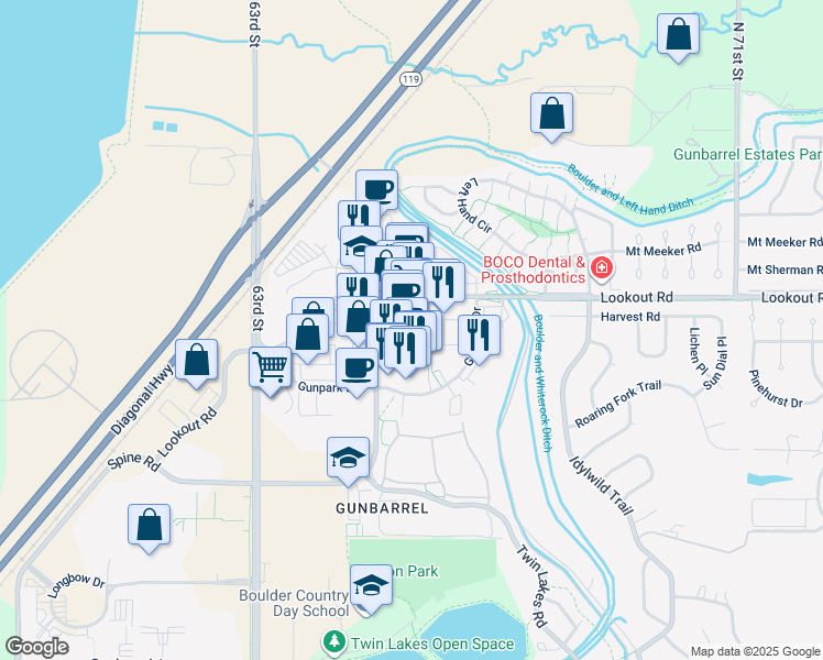 map of restaurants, bars, coffee shops, grocery stores, and more near 6558 Lookout Road in Boulder