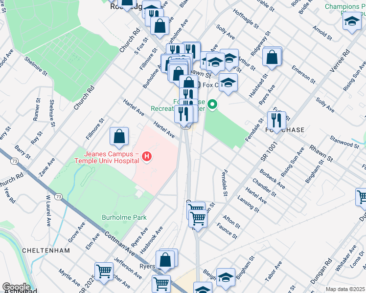 map of restaurants, bars, coffee shops, grocery stores, and more near 431 Hartel Avenue in Philadelphia
