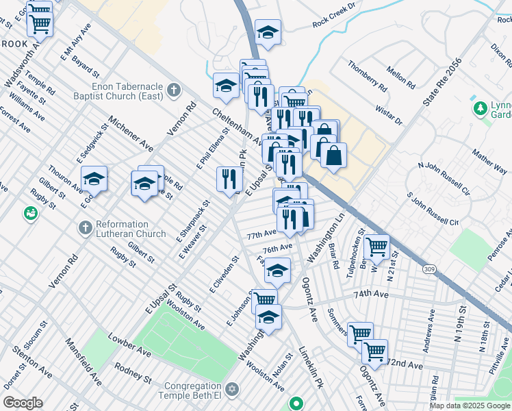 map of restaurants, bars, coffee shops, grocery stores, and more near 1525 East Upsal Street in Philadelphia