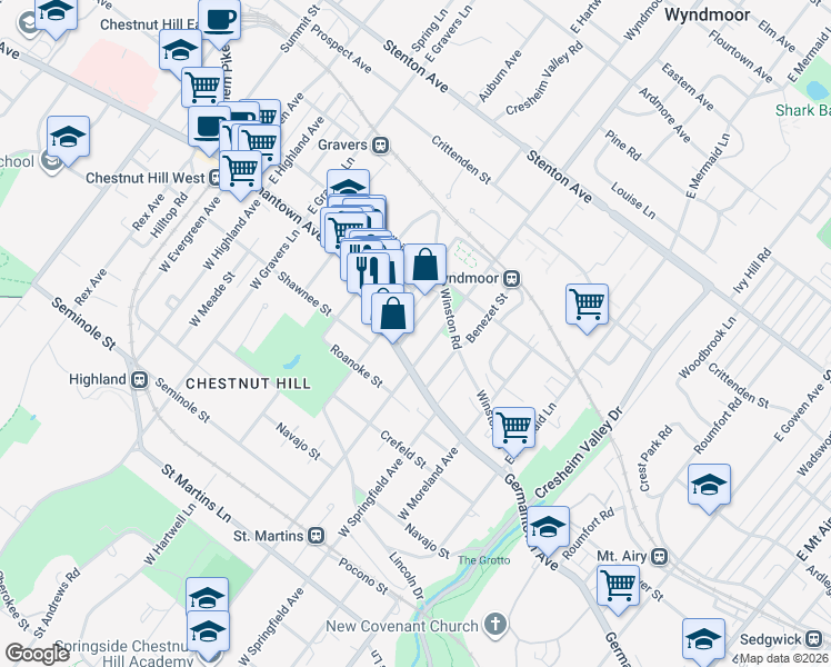 map of restaurants, bars, coffee shops, grocery stores, and more near 22 East Abington Avenue in Philadelphia