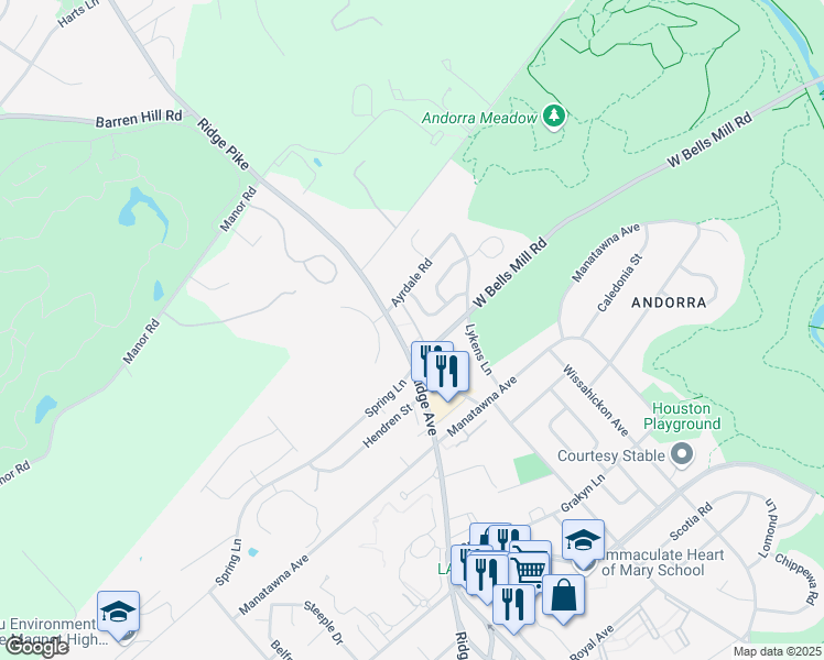 map of restaurants, bars, coffee shops, grocery stores, and more near 811 Green Valley Drive in Philadelphia