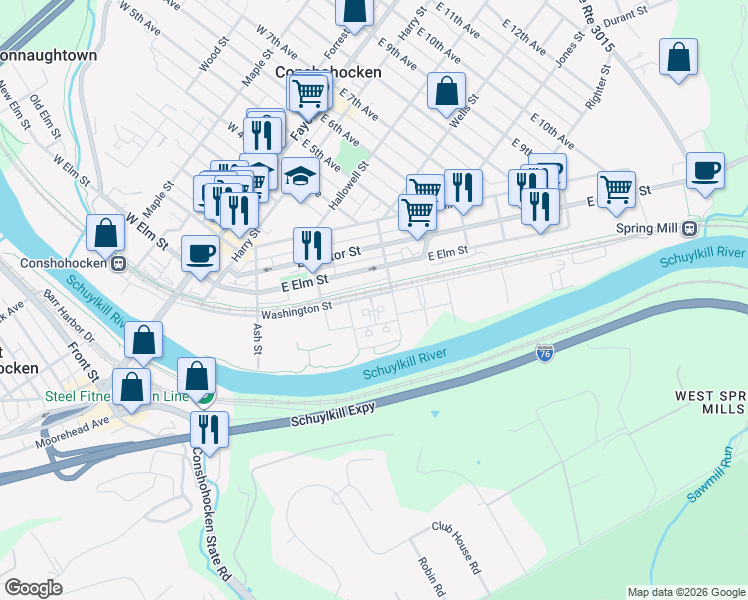 map of restaurants, bars, coffee shops, grocery stores, and more near 309 Washington Street in Conshohocken