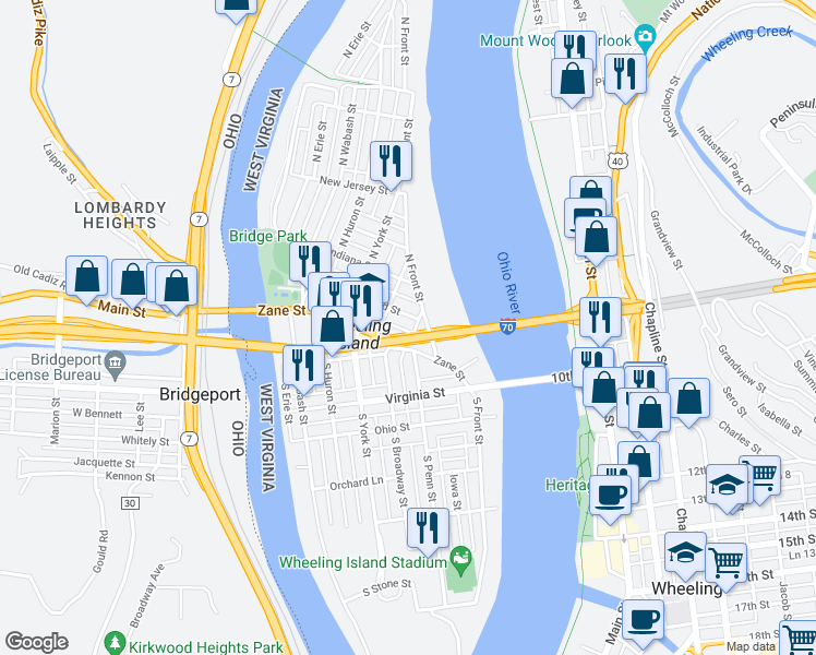 map of restaurants, bars, coffee shops, grocery stores, and more near 129 North Front Street in Wheeling