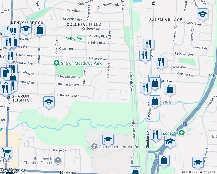 map of restaurants, bars, coffee shops, grocery stores, and more near 560 Woodsfield Drive in Columbus