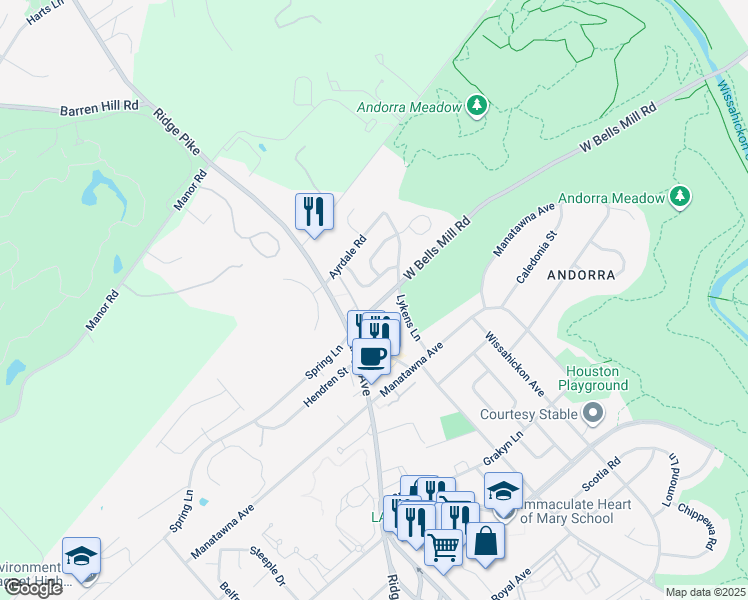 map of restaurants, bars, coffee shops, grocery stores, and more near 837 Bells Mill Road in Philadelphia