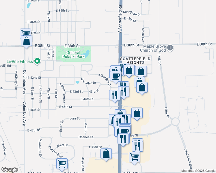 map of restaurants, bars, coffee shops, grocery stores, and more near 4216 Alhambra Drive in Anderson
