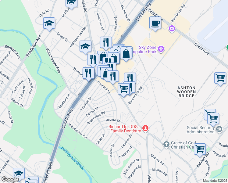 map of restaurants, bars, coffee shops, grocery stores, and more near 2375 Welsh Road in Philadelphia