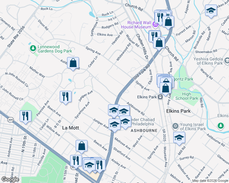 map of restaurants, bars, coffee shops, grocery stores, and more near 1615 Ashbourne Road in Elkins Park