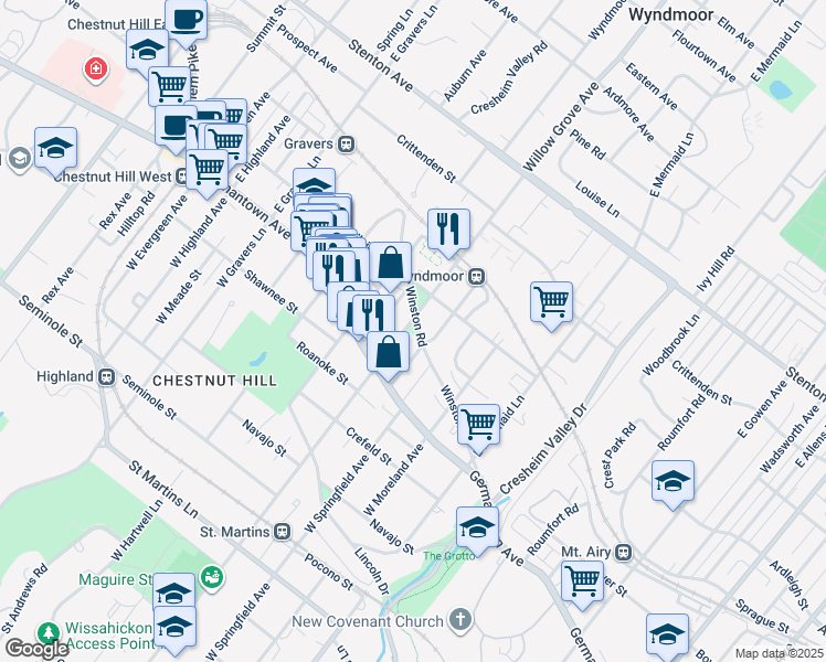 map of restaurants, bars, coffee shops, grocery stores, and more near 60 East Willow Grove Avenue in Philadelphia