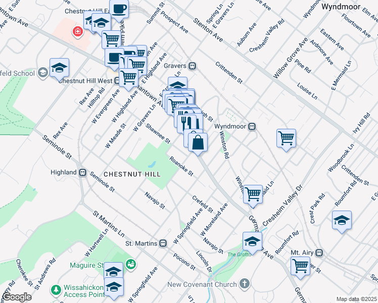 map of restaurants, bars, coffee shops, grocery stores, and more near 11 West Abington Avenue in Philadelphia