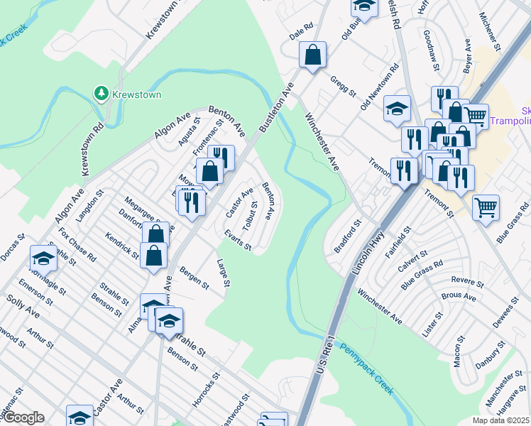 map of restaurants, bars, coffee shops, grocery stores, and more near 8562 Benton Avenue in Philadelphia