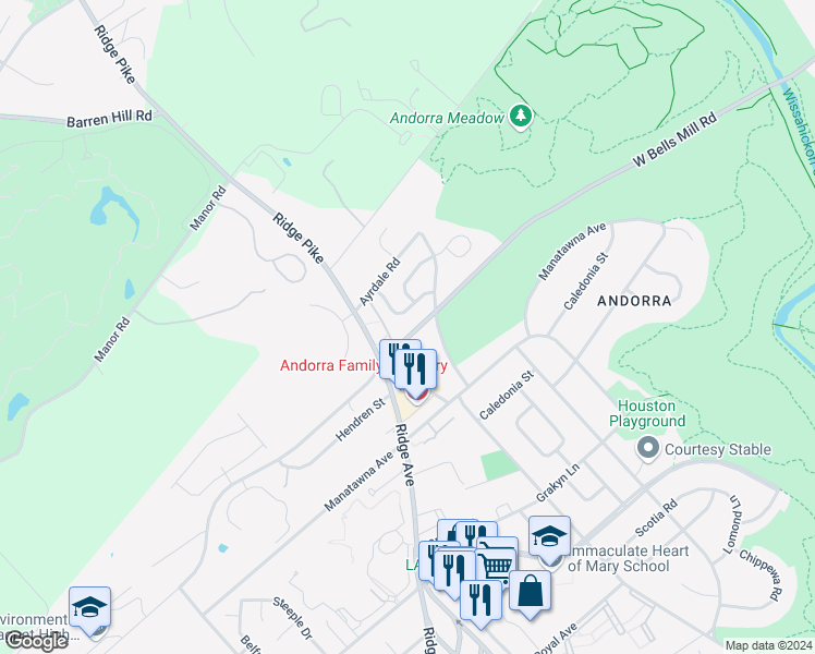 map of restaurants, bars, coffee shops, grocery stores, and more near 837 Bells Mill Road in Philadelphia