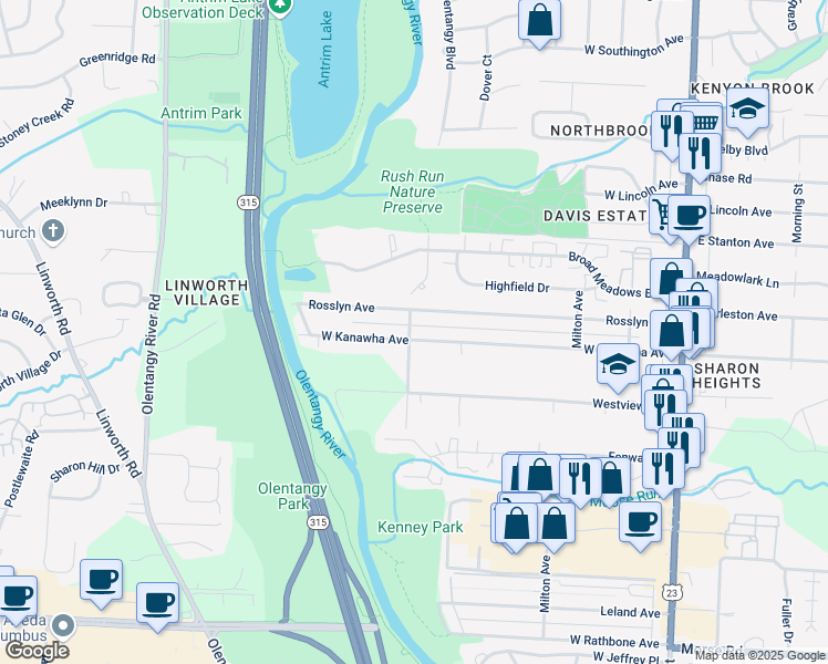 map of restaurants, bars, coffee shops, grocery stores, and more near 392 Rosslyn Avenue in Columbus