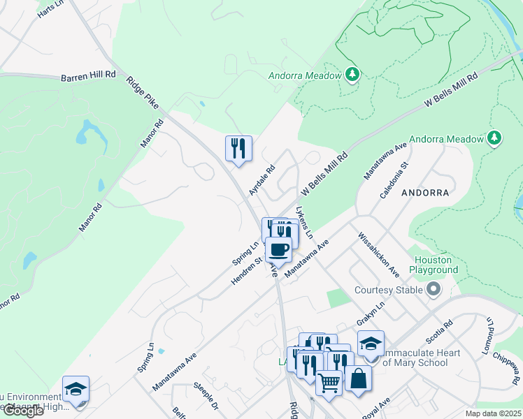 map of restaurants, bars, coffee shops, grocery stores, and more near 9001 Ridge Avenue in Philadelphia