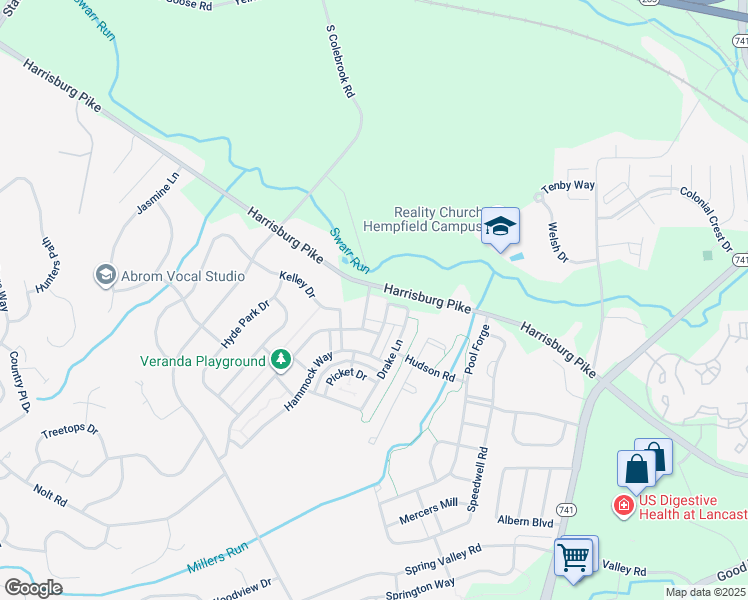 map of restaurants, bars, coffee shops, grocery stores, and more near 1313 Veranda Way in Lancaster