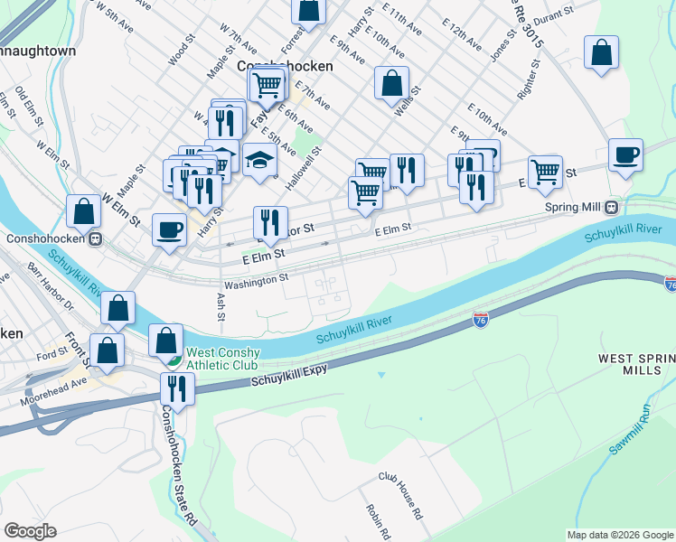 map of restaurants, bars, coffee shops, grocery stores, and more near 309 Washington Street in Conshohocken