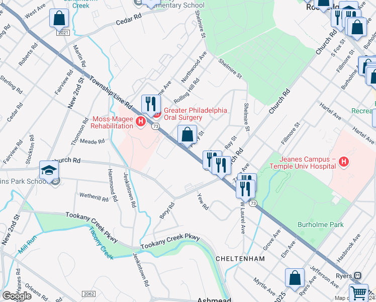 map of restaurants, bars, coffee shops, grocery stores, and more near 46 Township Line Rd in Montgomery