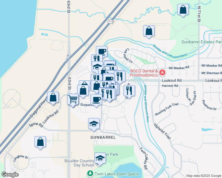map of restaurants, bars, coffee shops, grocery stores, and more near 6550 Lookout Road in Boulder