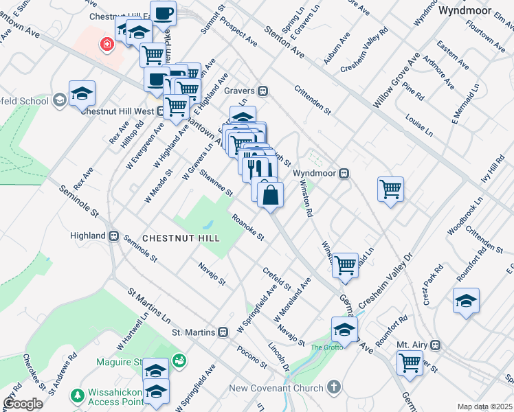 map of restaurants, bars, coffee shops, grocery stores, and more near 11 West Abington Avenue in Philadelphia