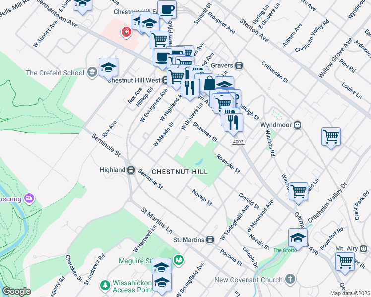 map of restaurants, bars, coffee shops, grocery stores, and more near 210 Sunrise Lane in Philadelphia